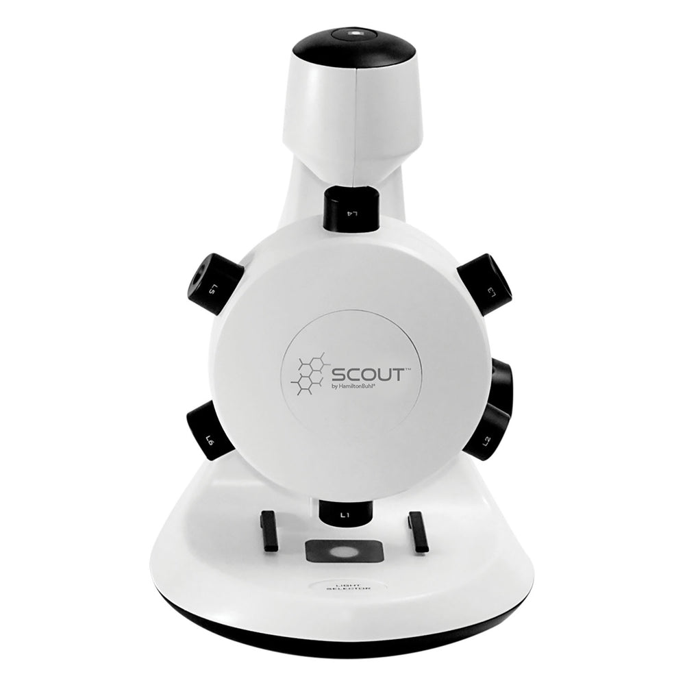 White and black HamiltonBuhl Scout digital microscope with rotating lens turret, control buttons, and stand on plain background