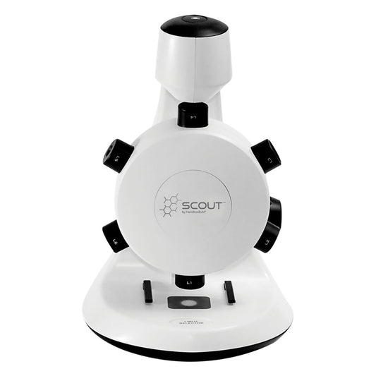 White and black HamiltonBuhl Scout digital microscope with rotating lens turret, control buttons, and stand on plain background