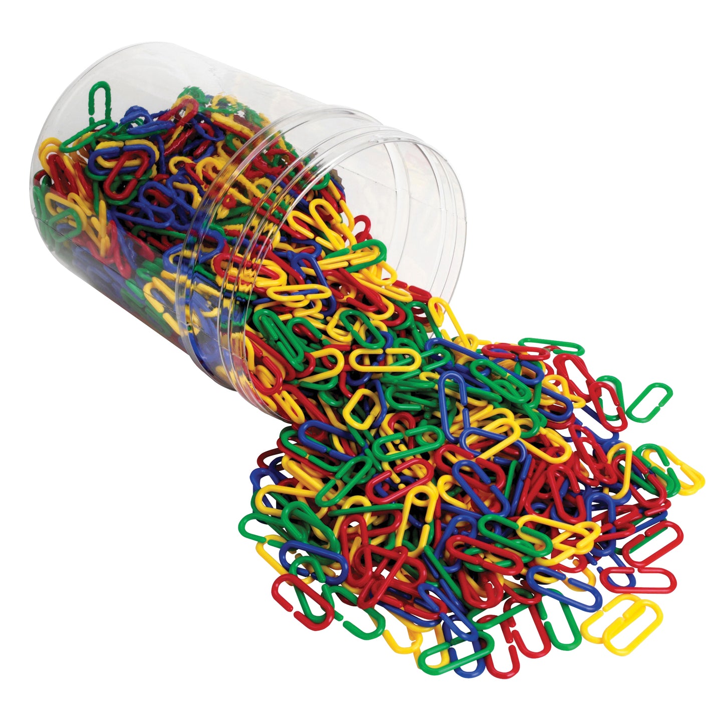 Clear plastic bucket tipped over with colorful interlocking plastic links spilling out in red, blue, yellow, and green