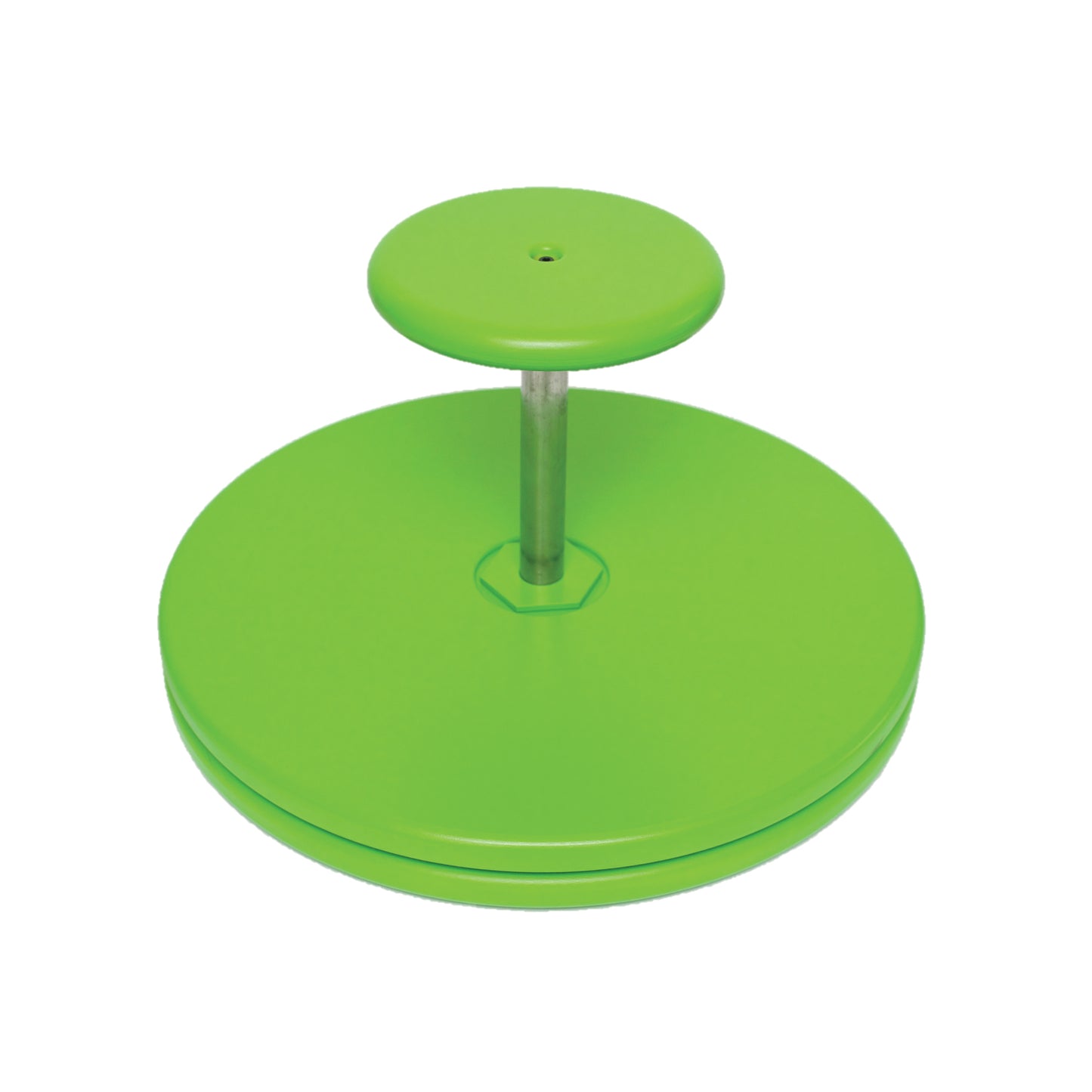 Bright green sit and spin toy with large circular base and smaller circular seat on top, connected by a metal pole
