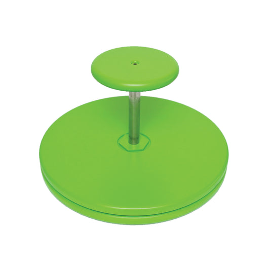 Bright green sit and spin toy with large circular base and smaller circular seat on top, connected by a metal pole