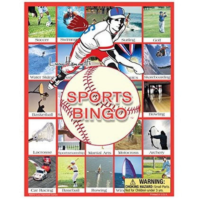 Sports Bingo game board with red frame showing illustrated athlete and baseball, surrounded by photo grid of 20 different sports including soccer, swimming, sur