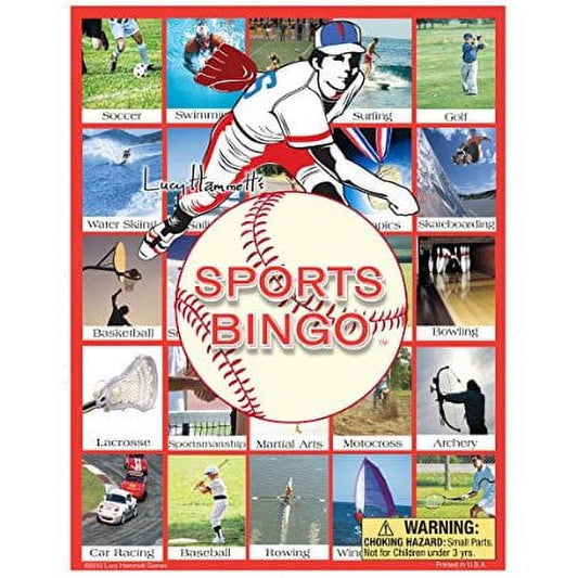 Sports Bingo game board with red frame showing illustrated athlete and baseball, surrounded by photo grid of 20 different sports including soccer, swimming, sur