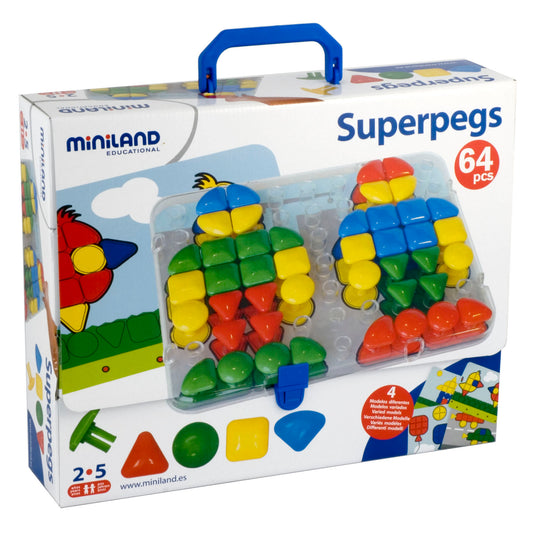 Miniland Educational Superpegs 64-piece set with blue carry handle, featuring colorful pegs in red, yellow, green, and blue on clear storage base