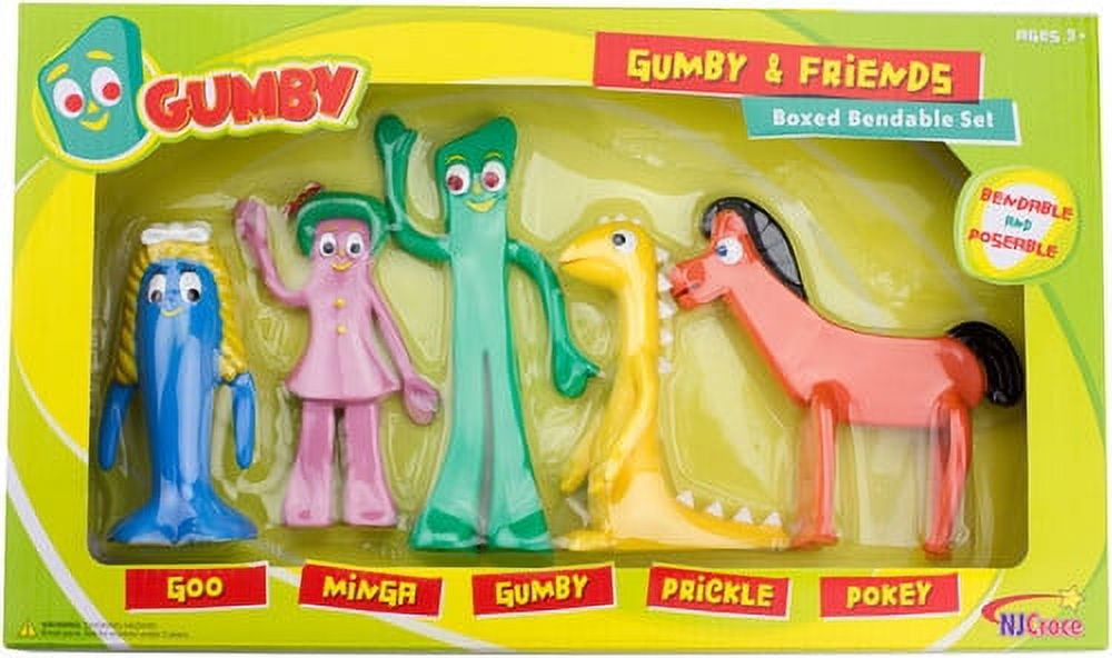 Gumby and Friends Boxed Bendable Set containing five colorful flexible figures: blue Goo, pink Minga, green Gumby, yellow Prickle, and coral Pokey