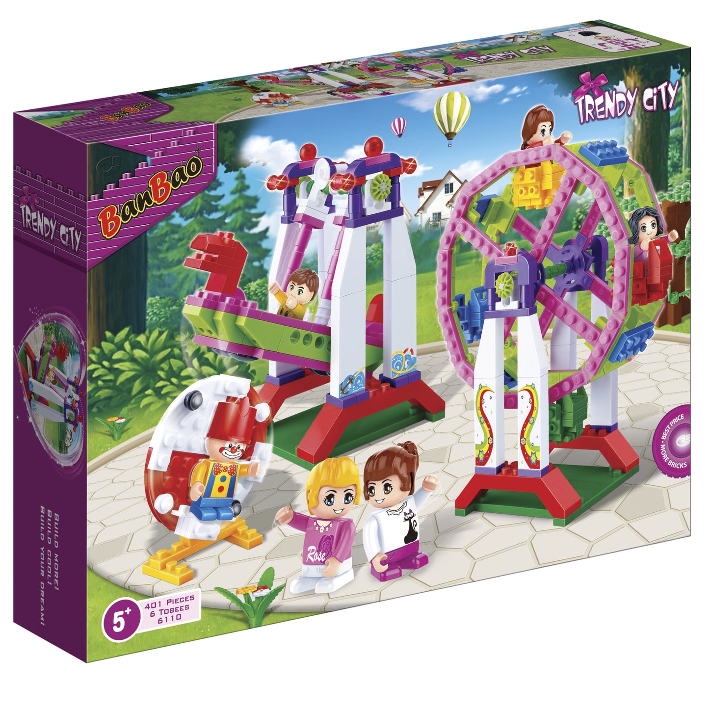 Trendy City fun park building set with pink and purple Ferris wheel, carousel ride, red rocket ship, and minifigures on green base