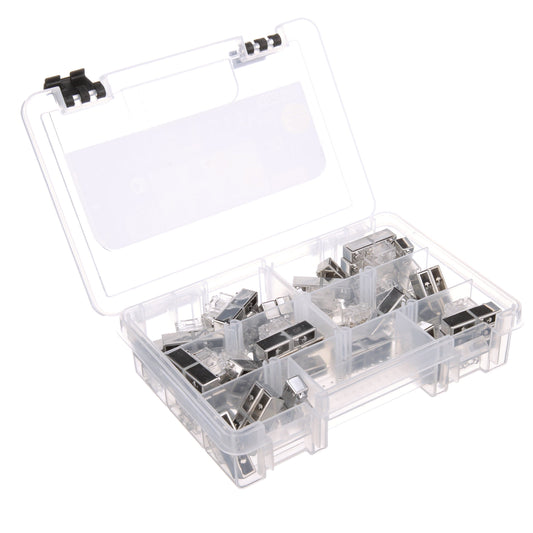 E-blox Power Blox LED ADD-ON Set with clear plastic organizer case containing various black and silver electronic connector pieces in divided compartments