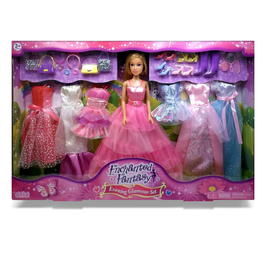 Enchanted Fantasy Evening Glamour Set with blonde doll in pink ball gown, multiple sparkly dresses in pink, silver, and blue, accessories including shoes, handb