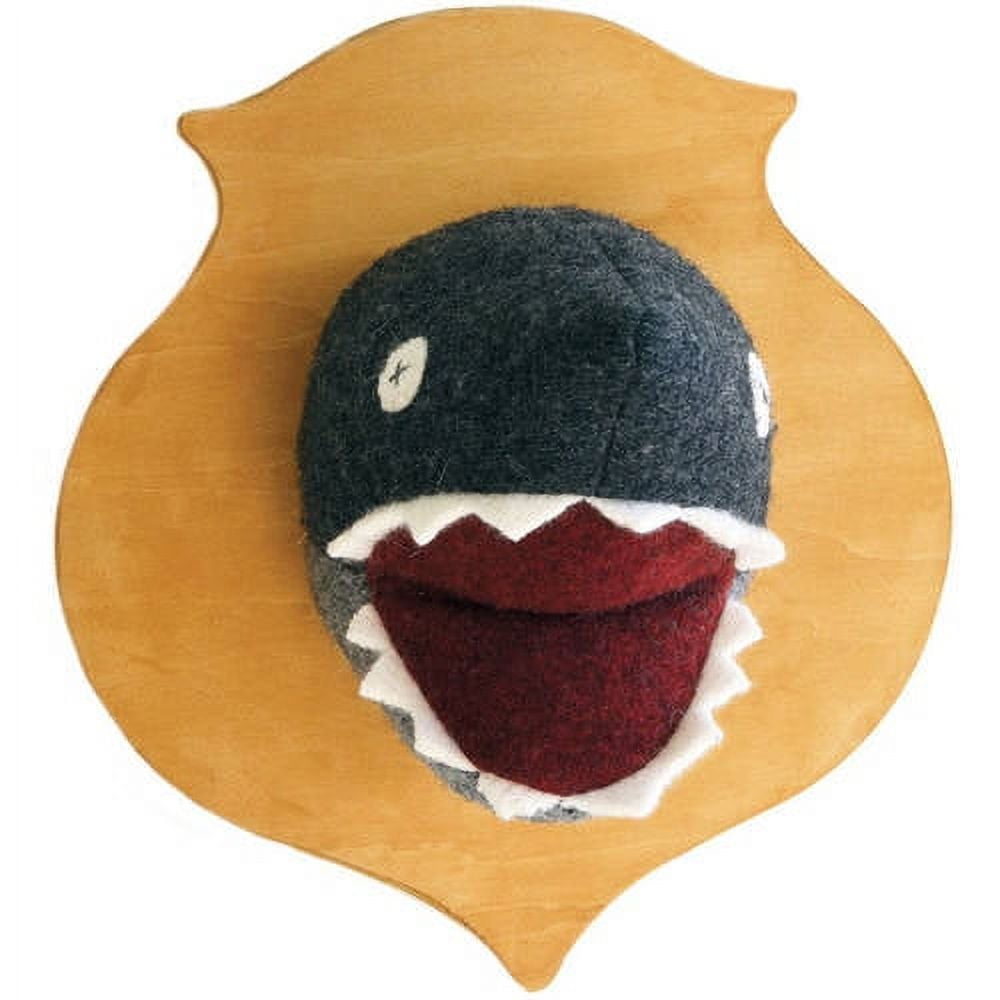 Tan teardrop-shaped wool plaque with dark gray and burgundy felt shark head featuring white teeth and eye details