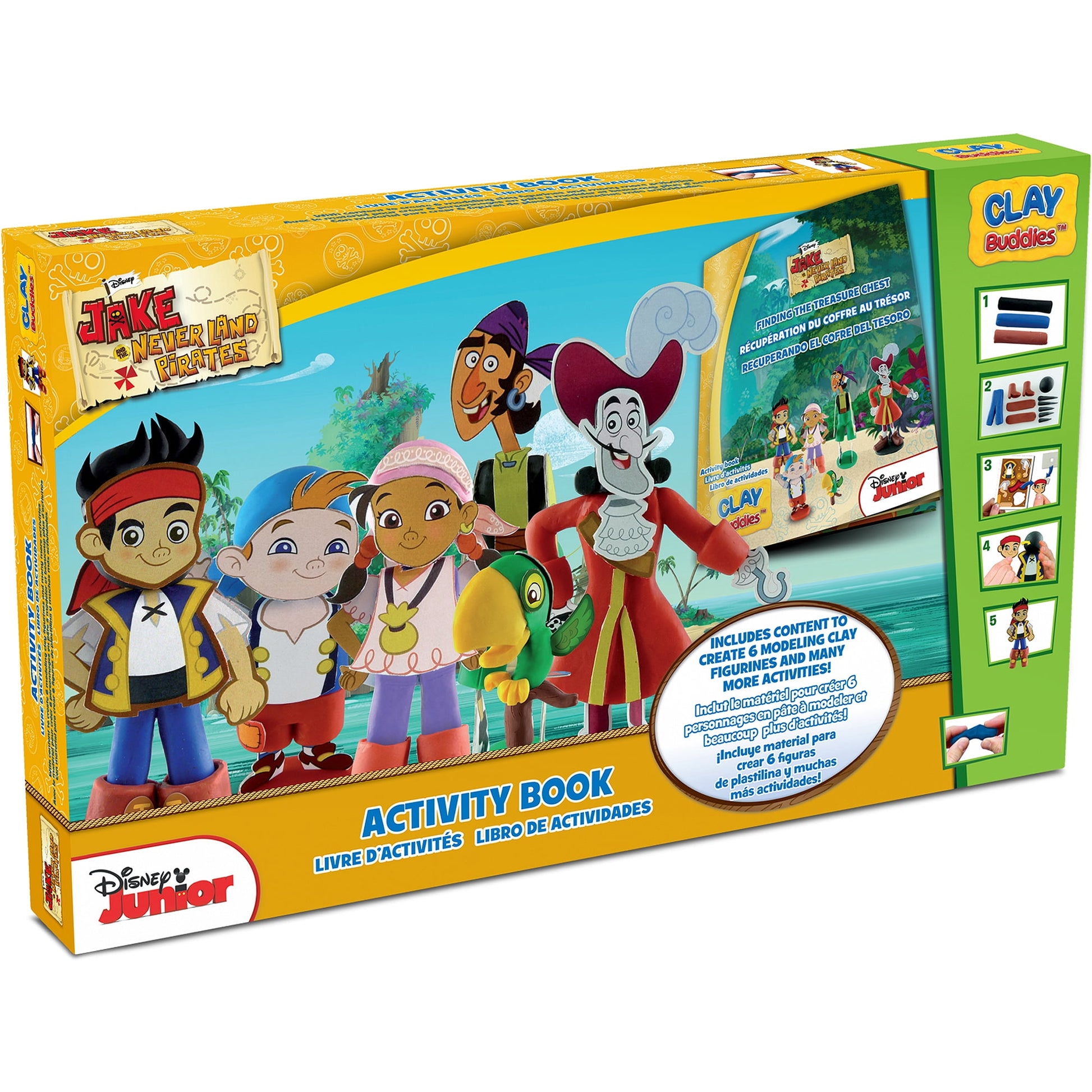 Jake the Never Land Pirates Clay Buddies Activity Book set with modeling clay, featuring Jake, Izzy, Cubby, and Captain Hook characters on tropical island backg
