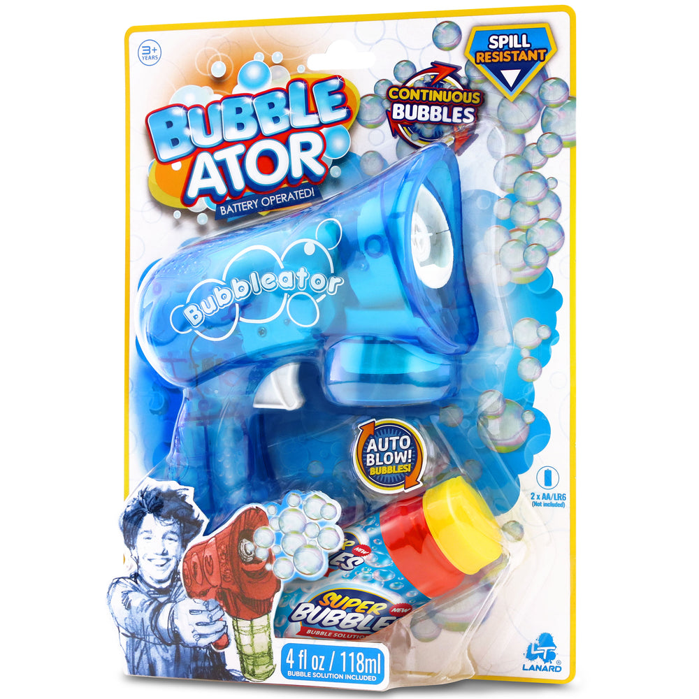 Bubble-ator battery operated bubble gun in blue with continuous bubbles and spill resistant solution