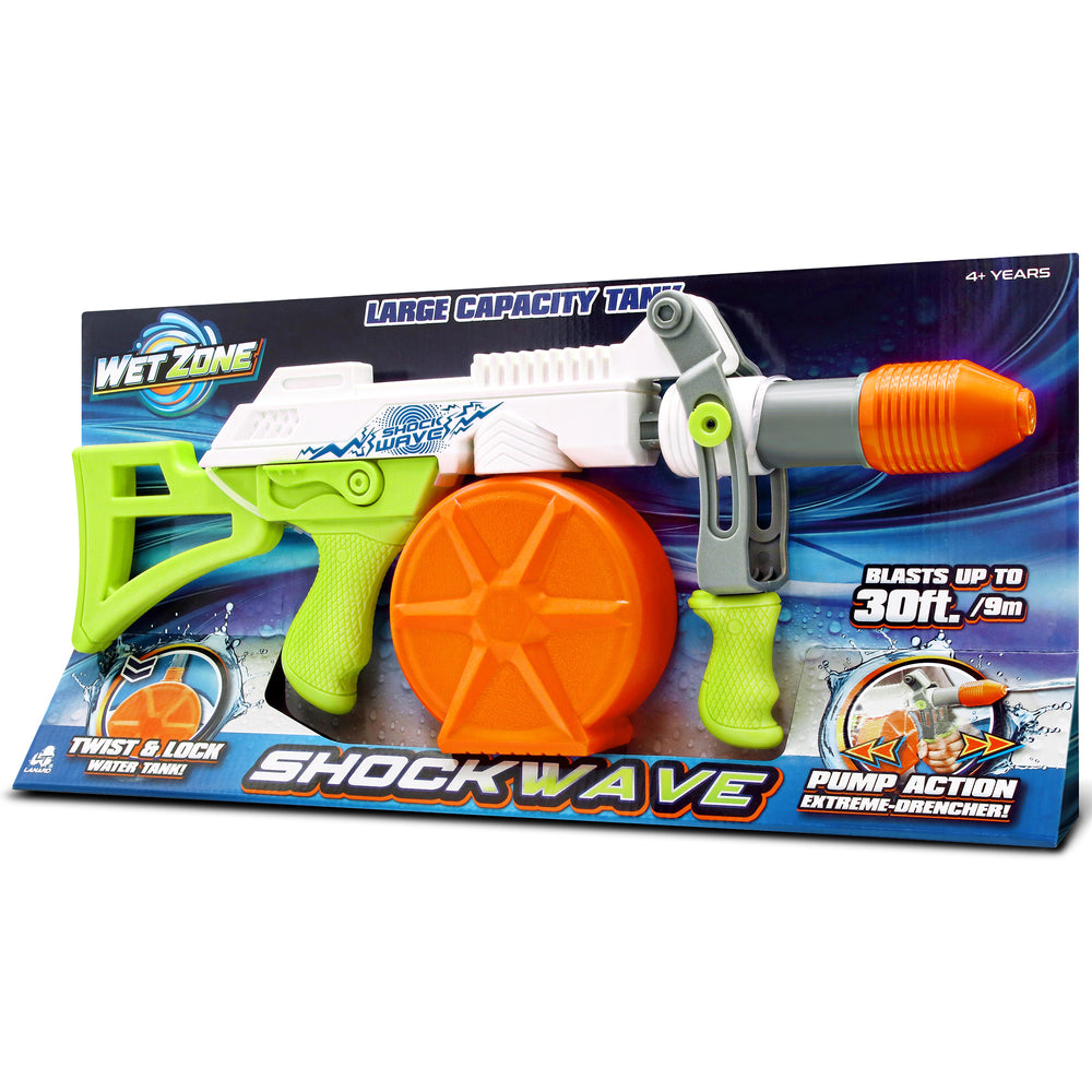 Wet Zone Shock Wave water blaster with lime green grip, orange tank, blasts up to 30ft