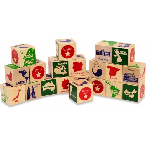 Wooden blocks with country names and flag illustrations, stacked in a pyramid arrangement on plain background