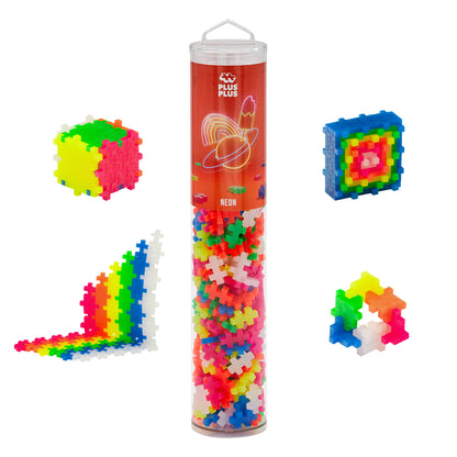 Plus-Plus Neon 240-piece construction set with colorful plastic building pieces in red tube container, showing neon-colored pieces assembled into various 3D sha