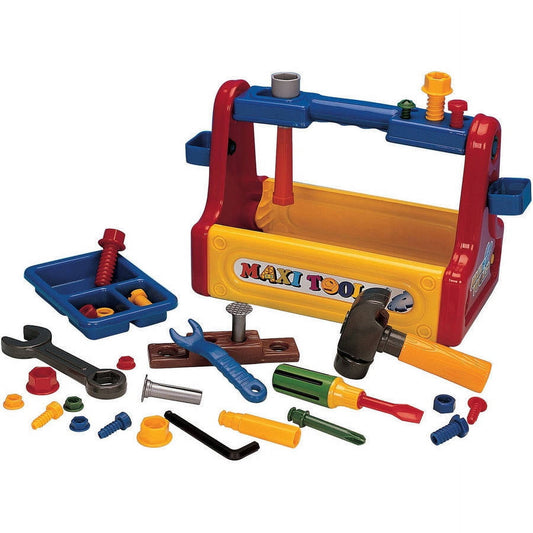 Maxi Tool Handy Tool Case pretend play set with red and yellow workbench, blue tool tray, and colorful plastic tools including wrench, hammer, screwdriver, and