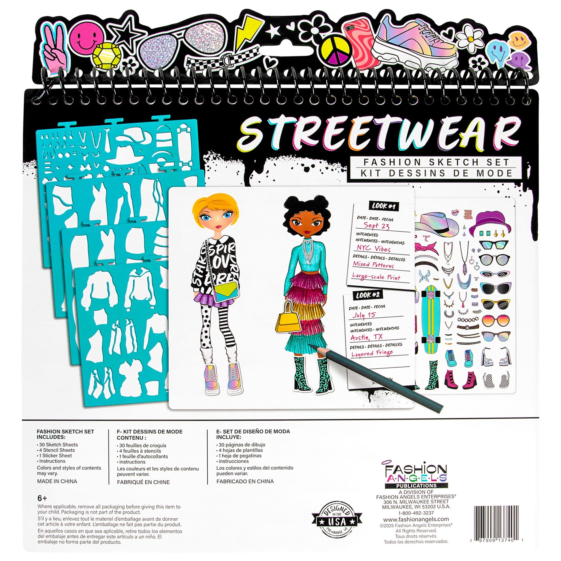 Fashion Sketch Set Streetwear with stencils, sticker sheet, and two illustrated fashion figures