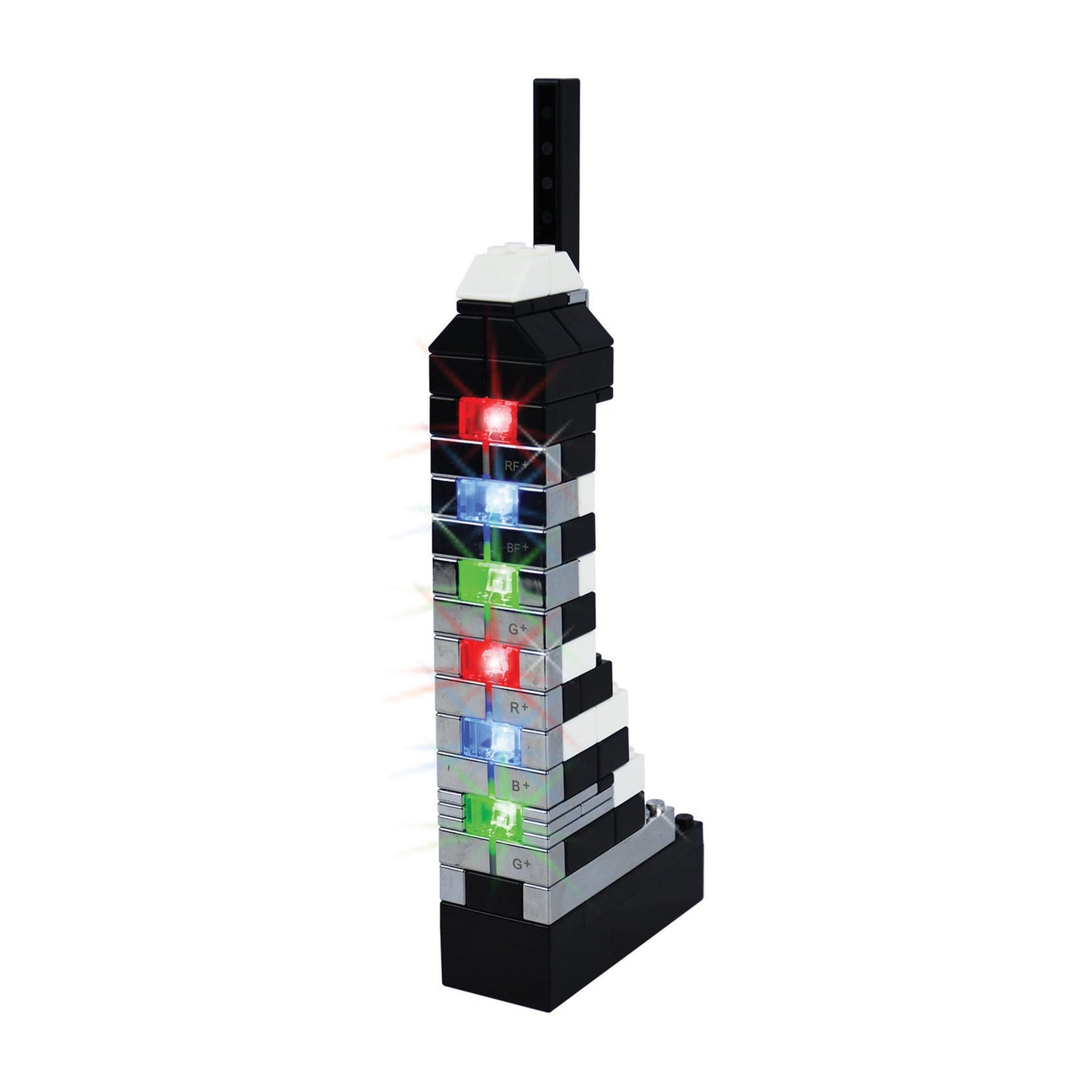 E-blox Power Blox Metallic stacked building blocks tower with illuminated red, blue, and green LED lights and labeled function buttons, white cap on top