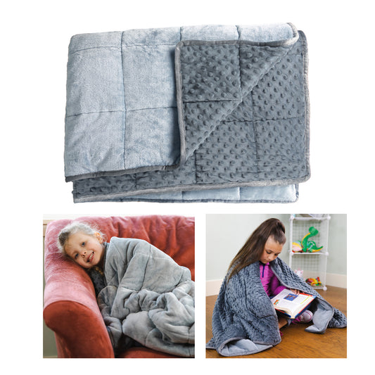 Gray weighted sensory blanket with quilted and textured minky surfaces, shown flat and modeled by children on a couch and floor