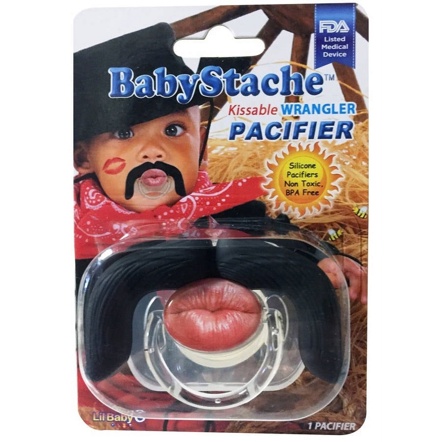 Baby Stache Kissable Wrangler Pacifier package showing novelty pacifier with black mustache design and pink lips on a cowboy-themed background