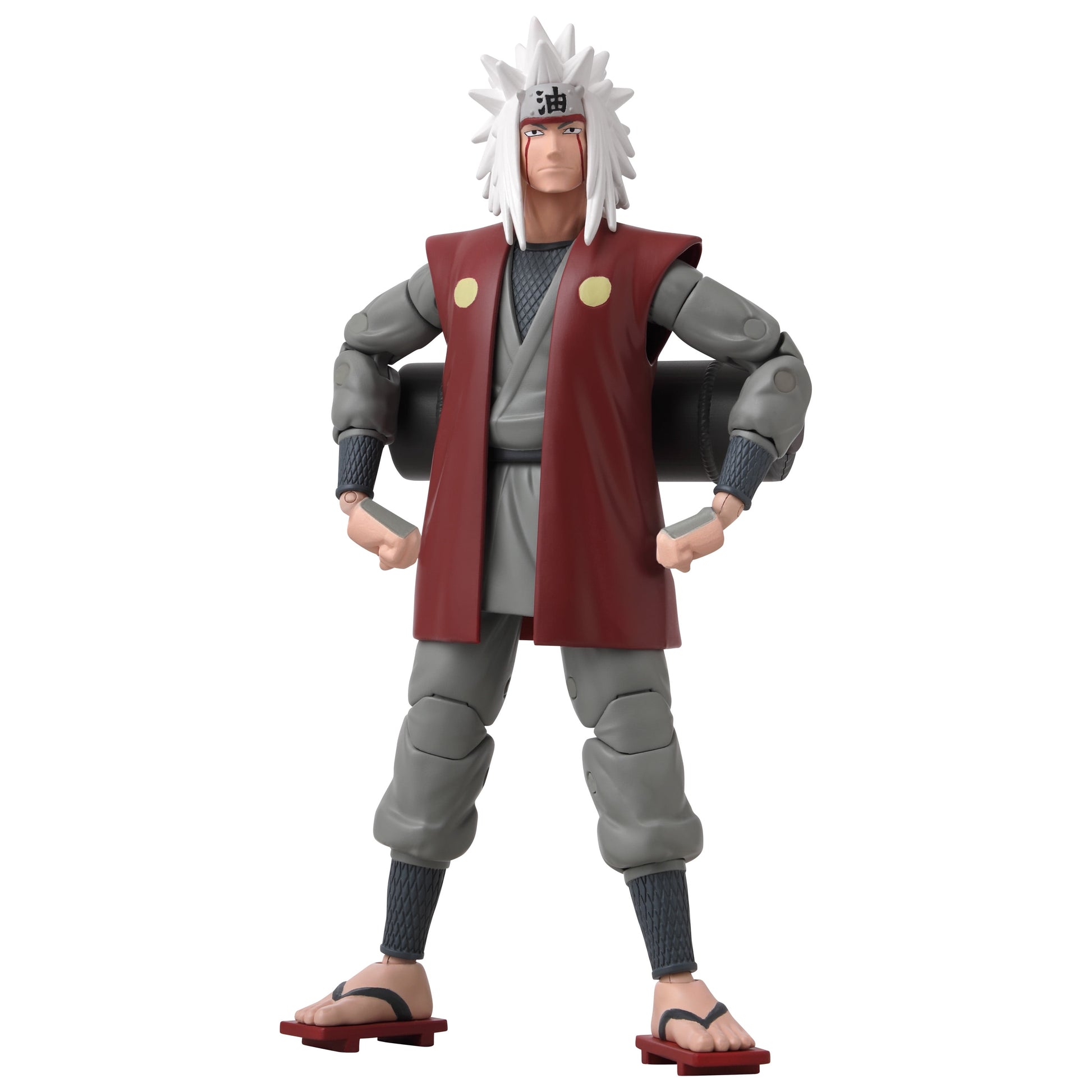 Jiraiya action figure with white spiky hair, red forehead protector, red vest over gray outfit, and red sandals, posed with hands on hips