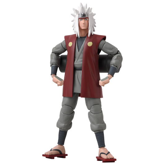 Jiraiya action figure with white spiky hair, red forehead protector, red vest over gray outfit, and red sandals, posed with hands on hips