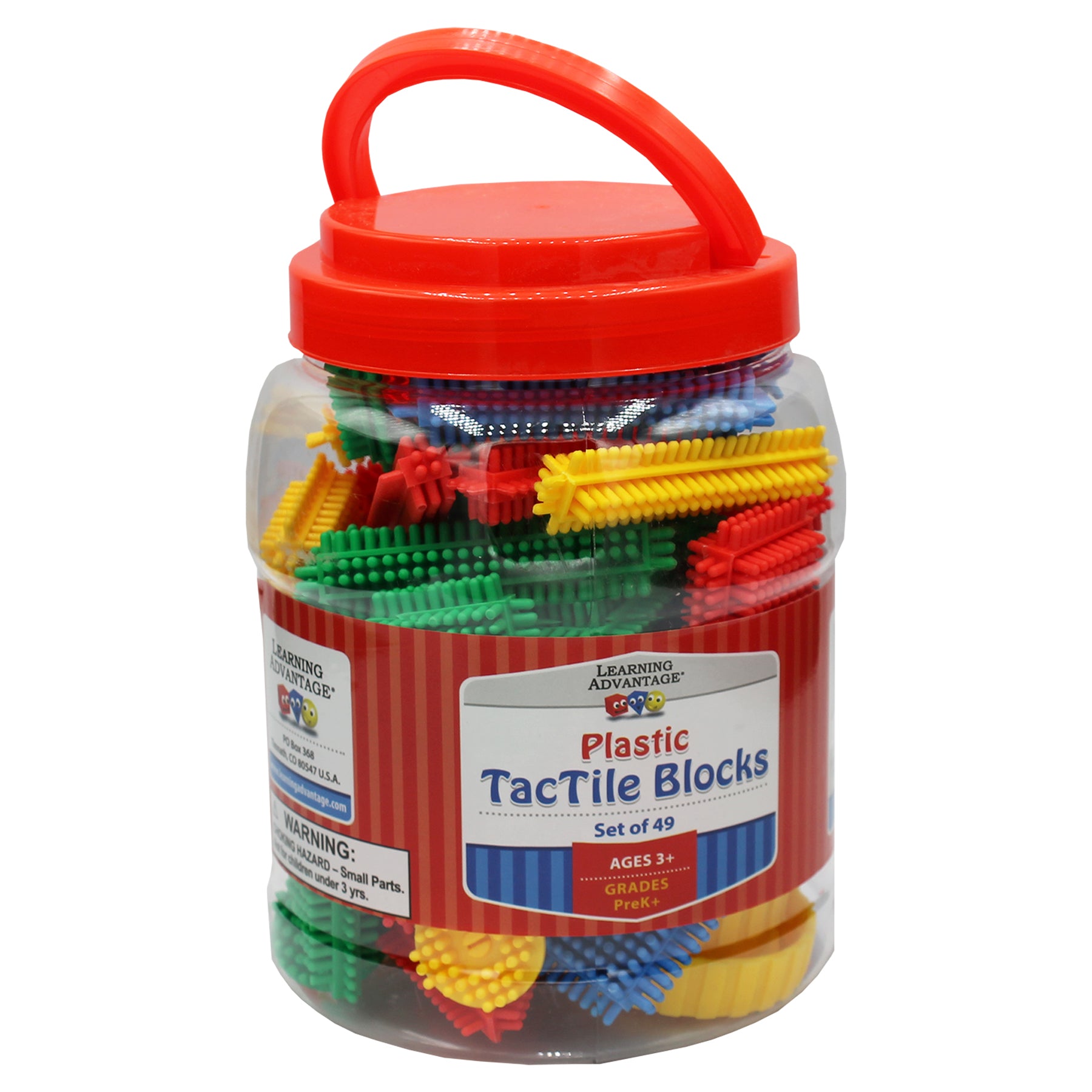 Clear plastic container with red lid and handle filled with 49 colorful plastic tactile blocks in red, yellow, green, and blue