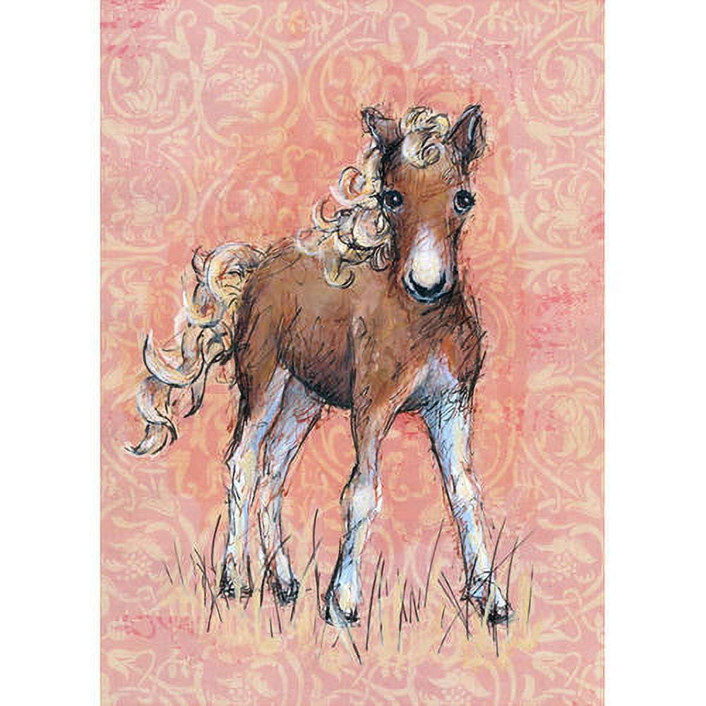 Hand-stretched canvas artwork featuring an illustration of a brown and white foal with curly mane and tail on a pink damask patterned background