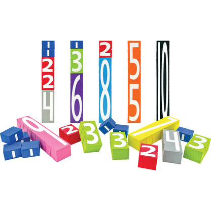Colorful foam number blocks stacked and scattered, featuring numbers 0-9 in bright colors including blue, red, green, orange, pink, and black
