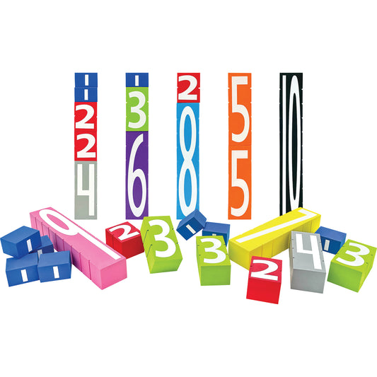 Colorful foam number blocks stacked and scattered, featuring numbers 0-9 in bright colors including blue, red, green, orange, pink, and black