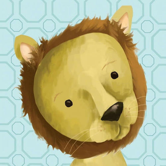 Yellow and brown stylized lion head with yellow ears and brown mane on light blue geometric patterned background