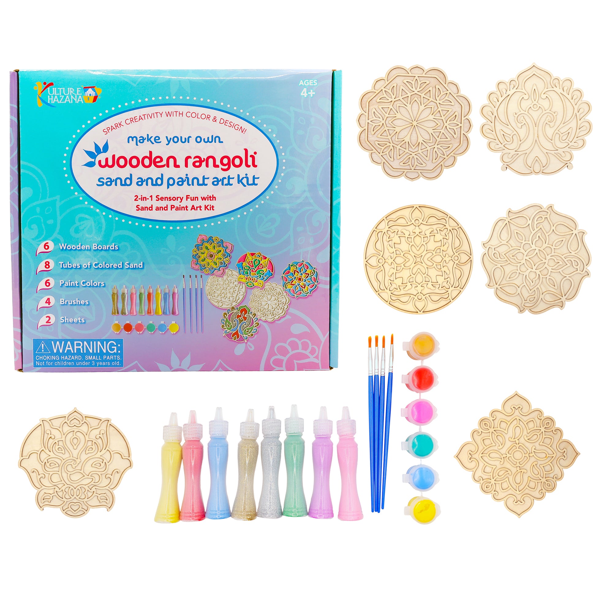 Make Your Own Wooden Rangoli sand and paint art kit with 6 wooden boards, colored sand, and brushes