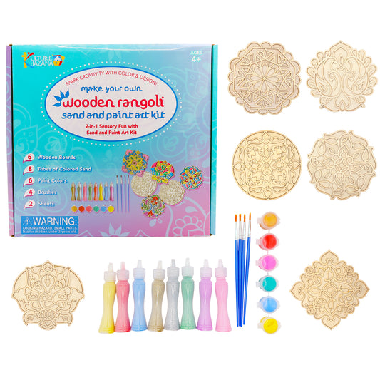 Make Your Own Wooden Rangoli sand and paint art kit with 6 wooden boards, colored sand, and brushes