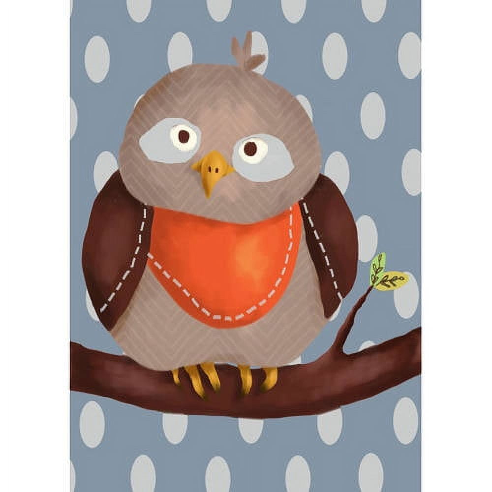 Cartoon owl with gray head, dark brown wings, and orange bib on brown branch against blue polka dot background