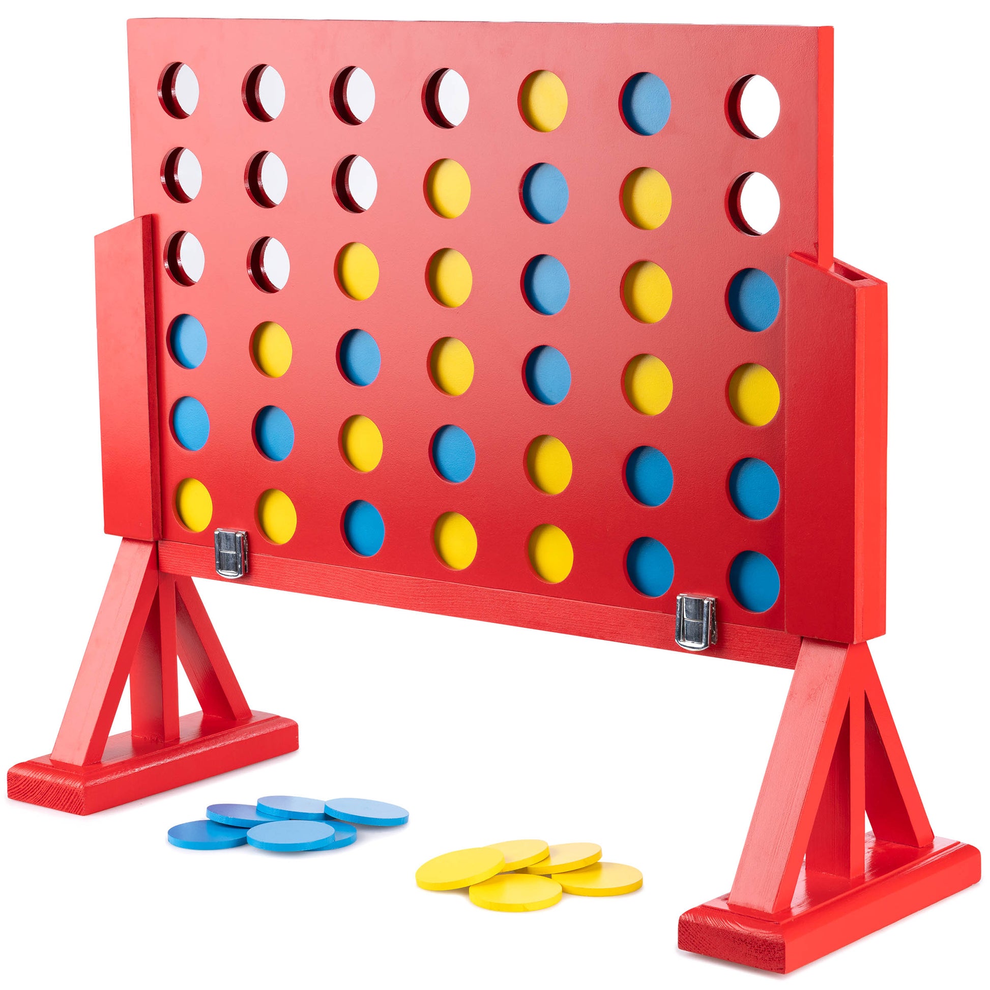 Red Giant 4-In-A-Row game with standing frame, blue and yellow checker pieces displayed below