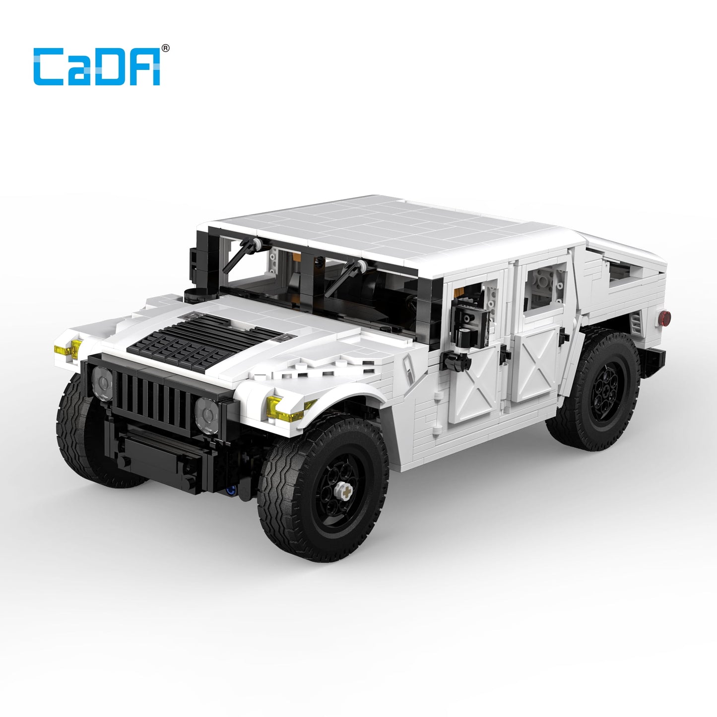 CaDA white and black buildable Humvee SUV model with opening doors, solar panel roof, black tires, and detailed interior components on plain background