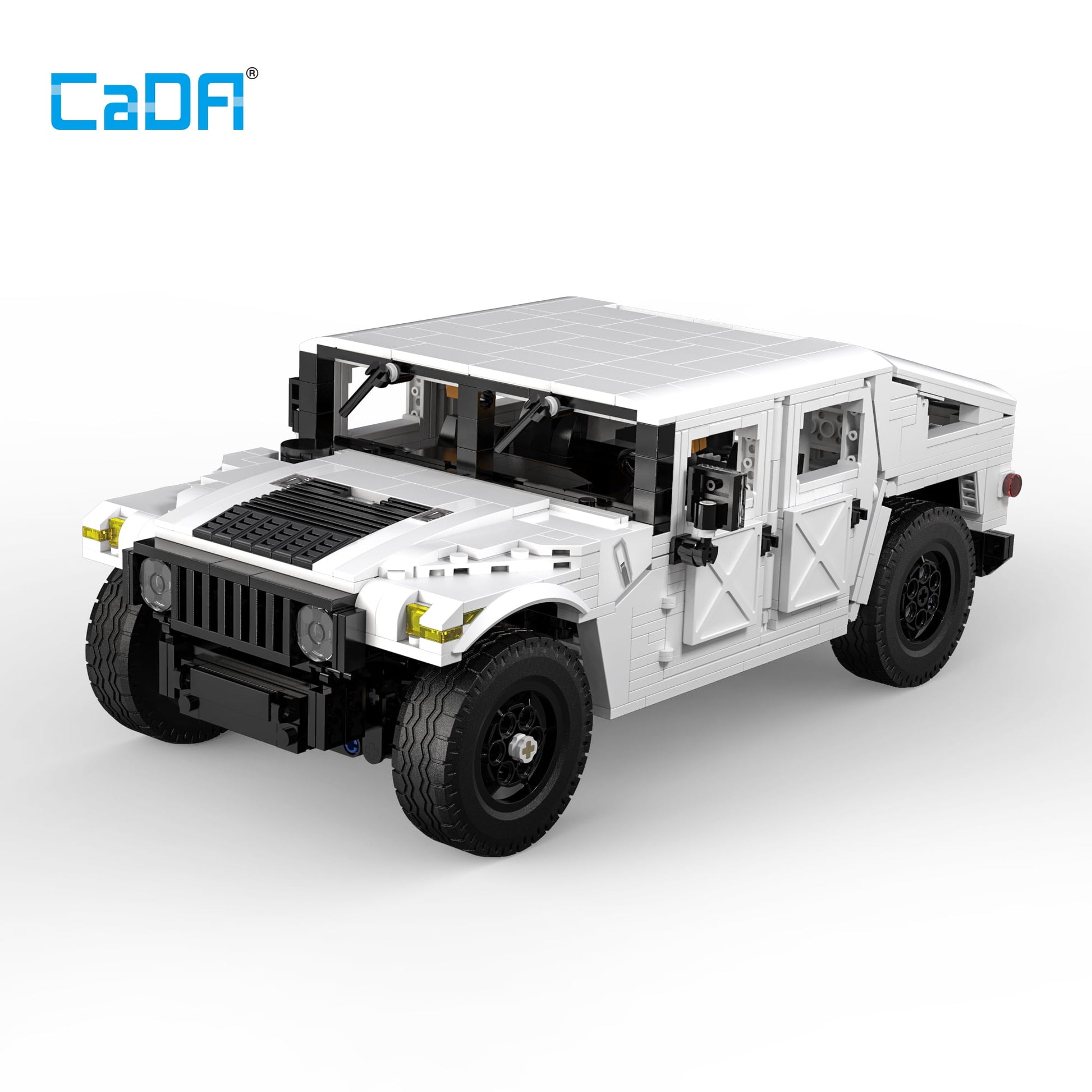 CaDA white and black buildable Humvee SUV model with opening doors, solar panel roof, black tires, and detailed interior components on plain background
