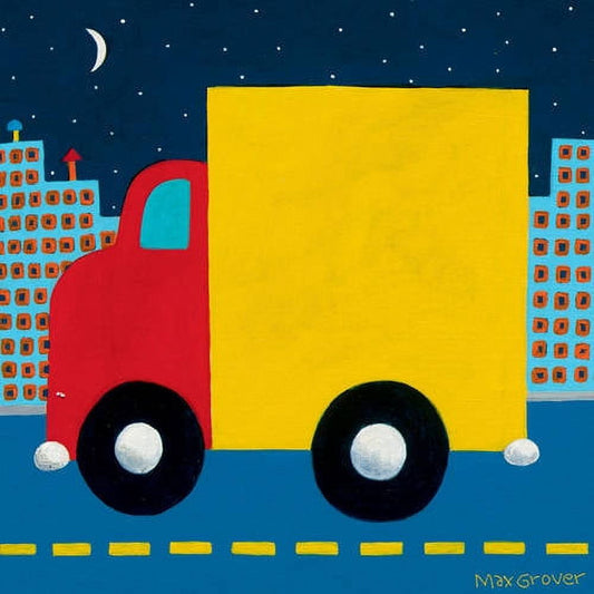 Whimsical illustration of a red and yellow toy truck with black wheels driving past brick buildings under a starry night sky with crescent moon