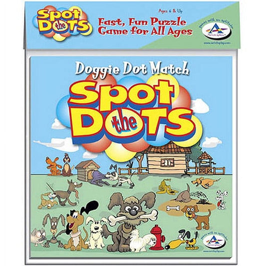 Spot the Dots Doggie Dot Match game box featuring cartoon dogs and a farm scene with hot air balloons