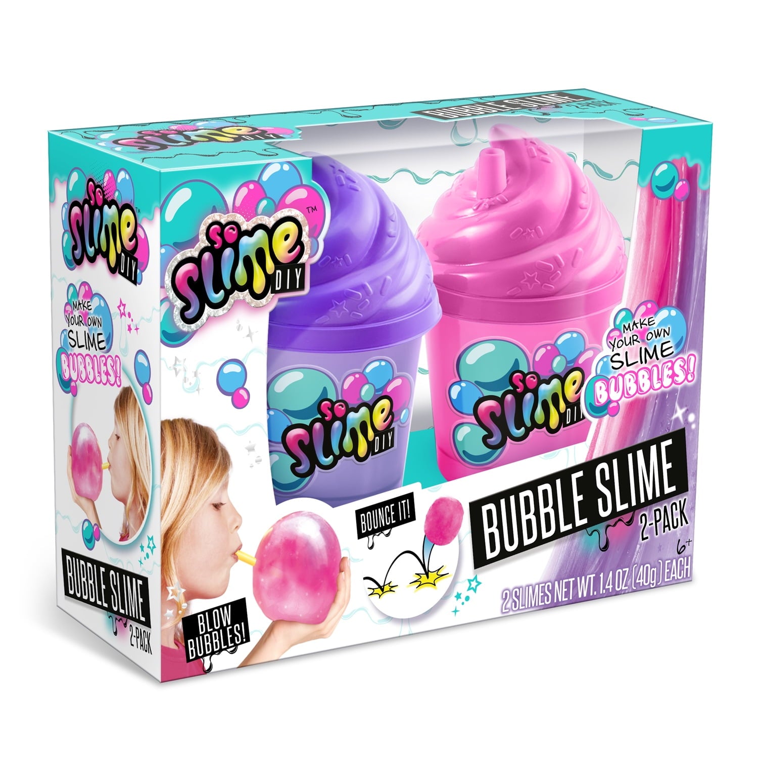 So Slime DIY Bubble Slime 2-pack with purple and pink containers, shown on packaging with child blowing bubbles