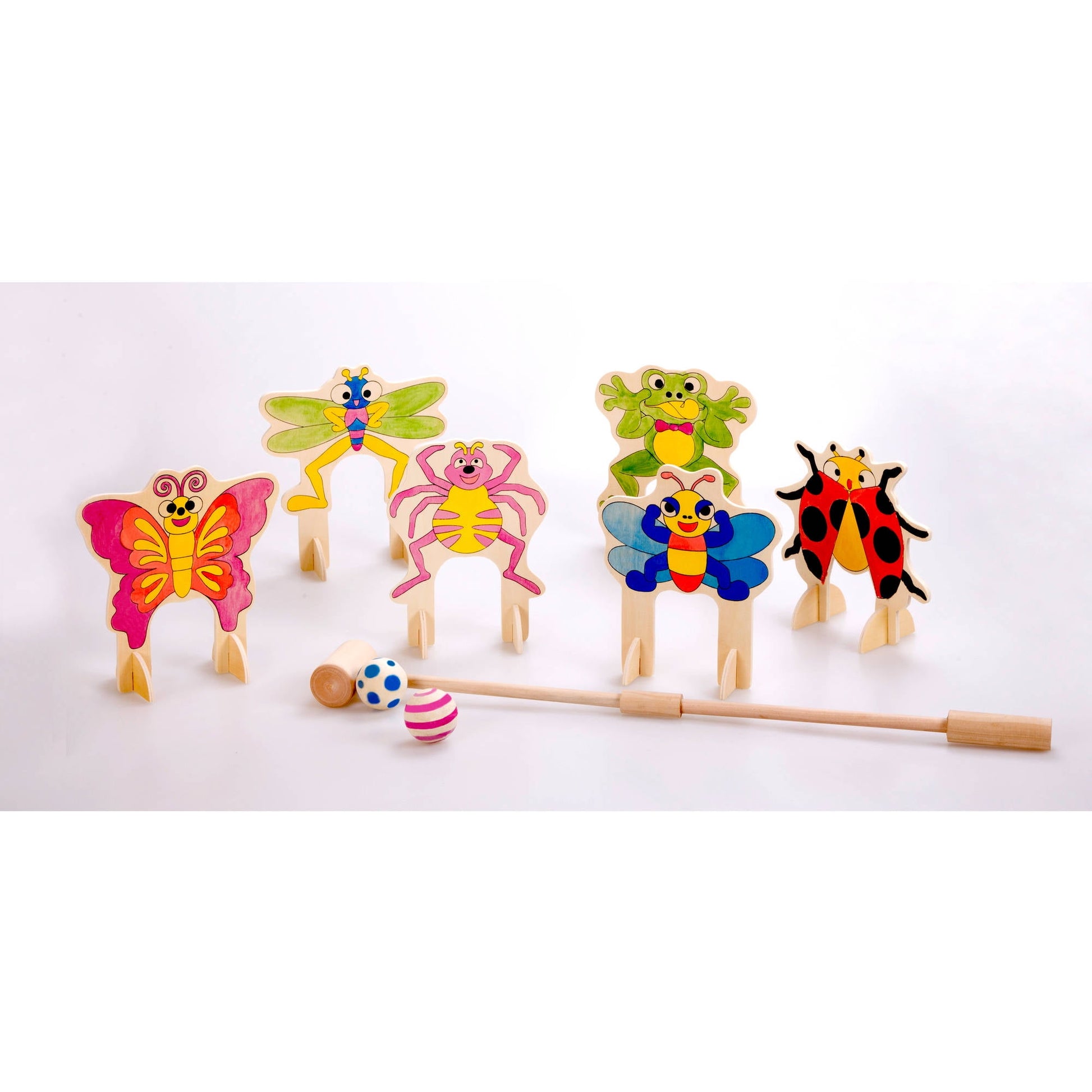 Wooden bug-themed mini golf set with colorful insect figures including butterfly, dragonfly, spider, frog, bee, and ladybug; includes golf club and striped ball