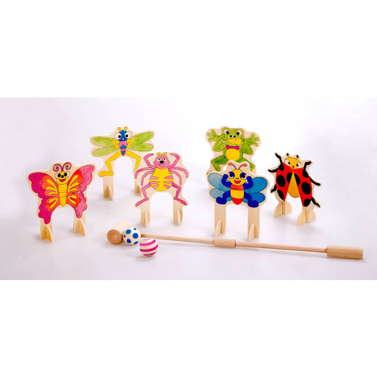 Wooden bug-themed mini golf set with colorful insect figures including butterfly, dragonfly, spider, frog, bee, and ladybug; includes golf club and striped ball