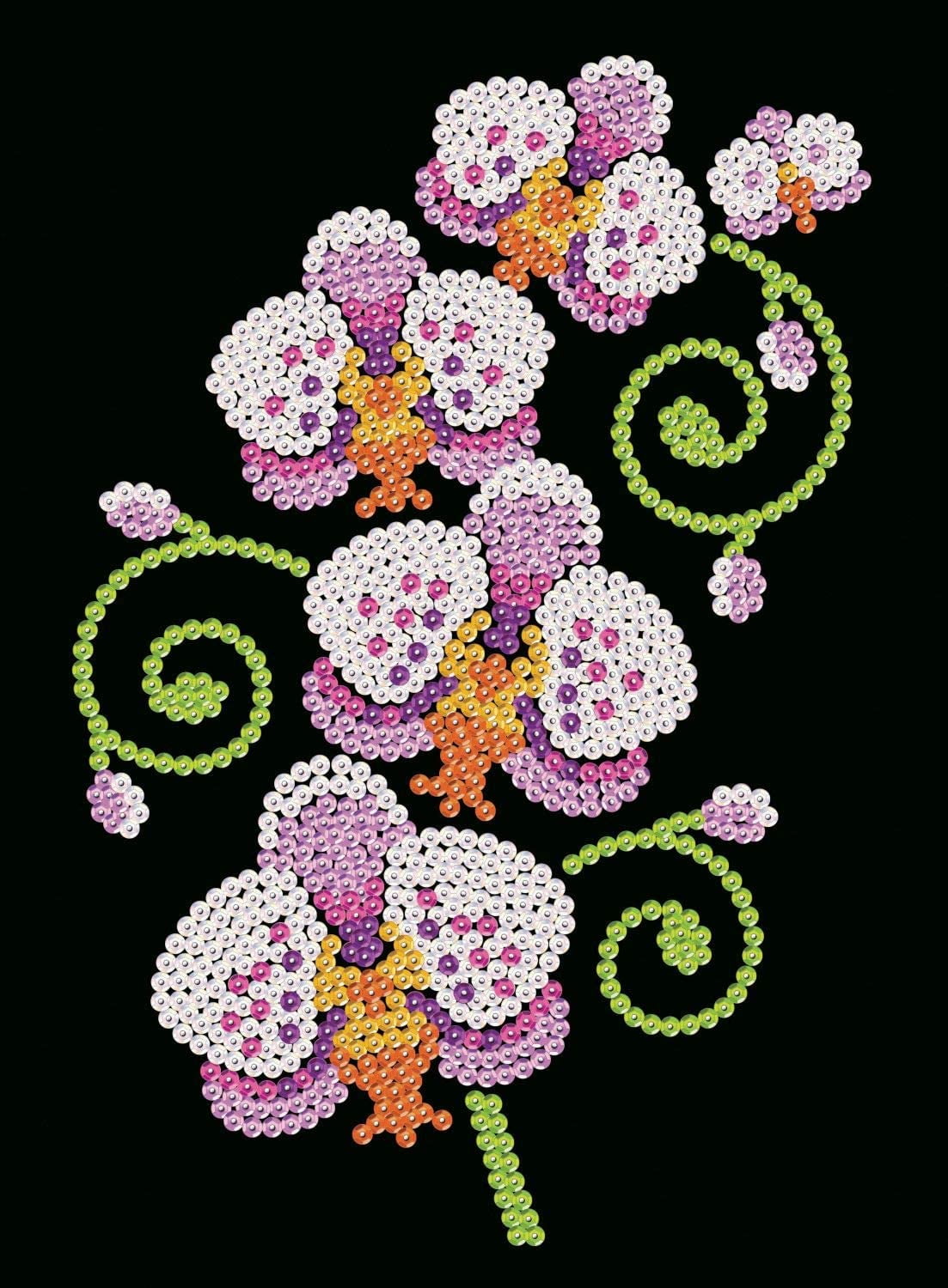 Sequin art craft project showing colorful flowers made with purple, pink, white, orange, and lime green sequins arranged on black background
