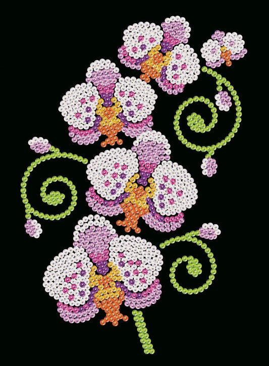 Sequin art craft project showing colorful flowers made with purple, pink, white, orange, and lime green sequins arranged on black background