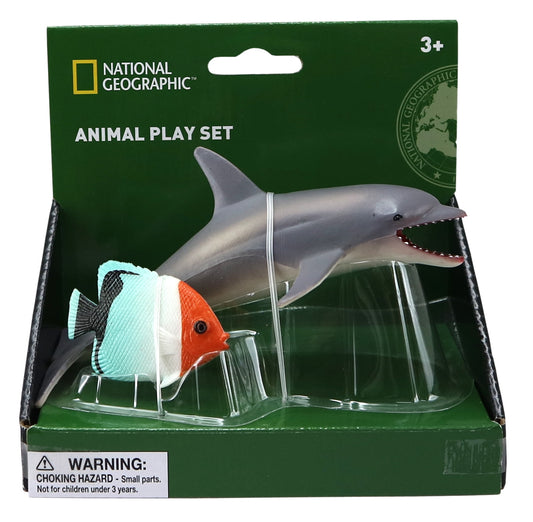 National Geographic Animal Play Set with gray dolphin and red-and-white coral fish figurines on clear display base, ages 3+