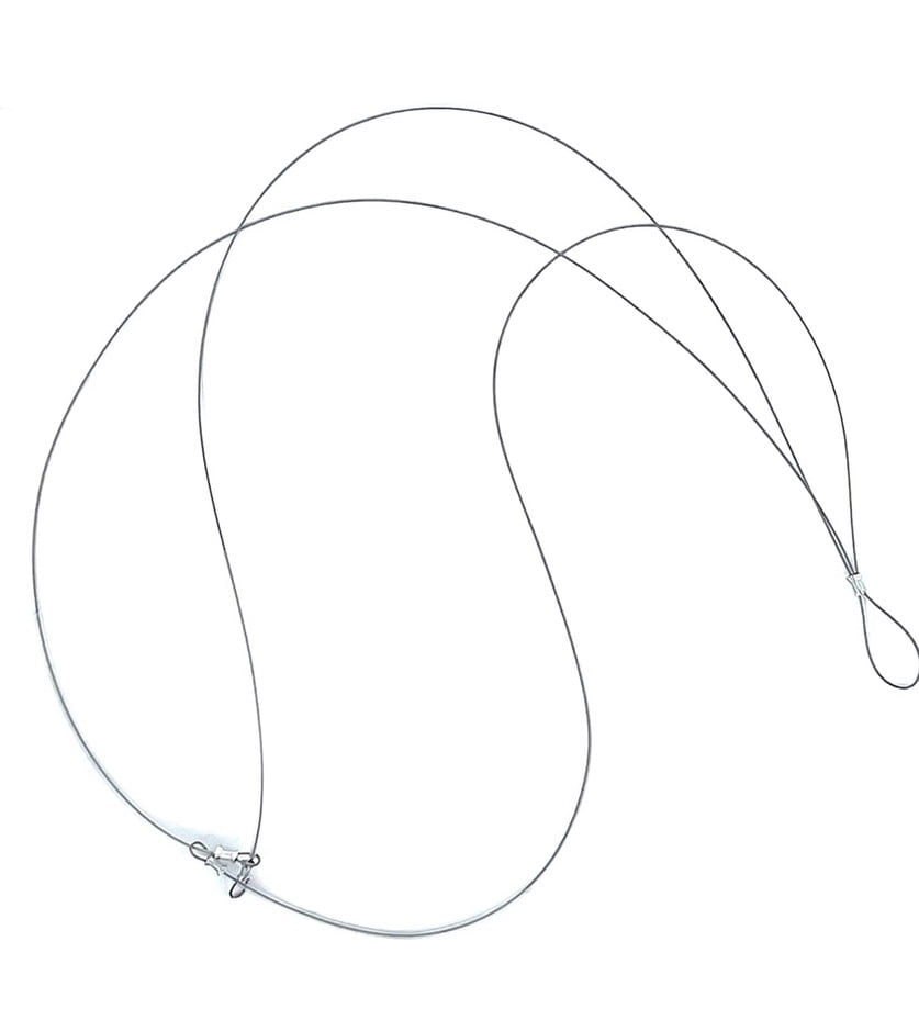 Two clear monofilament fishing line loops with metal clasps for hanging plants or decorative items