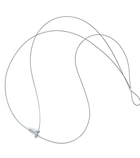 Two clear monofilament fishing line loops with metal clasps for hanging plants or decorative items