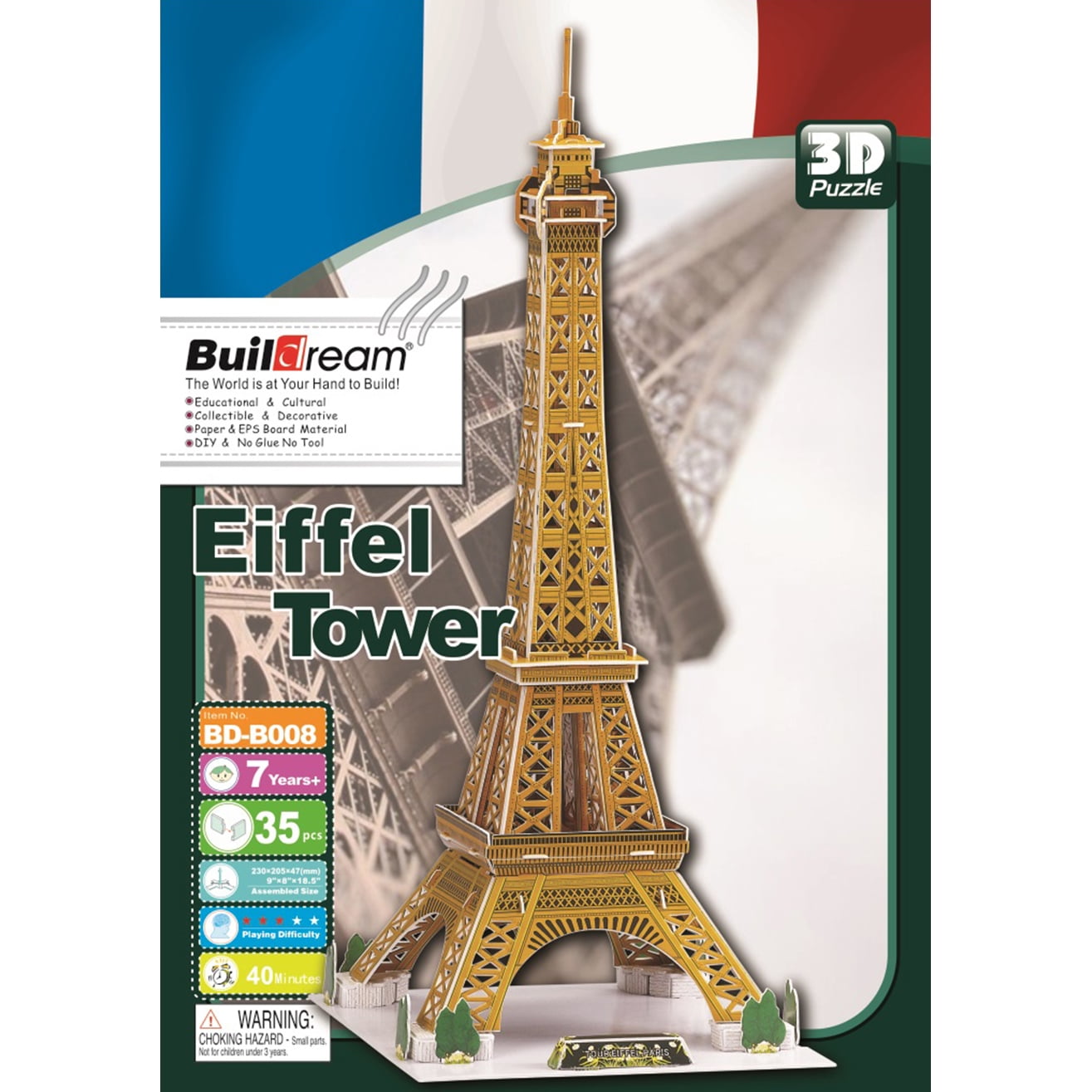 Buildream 3D Puzzle Eiffel Tower Model Kit packaging showing assembled golden paper model of the Eiffel Tower, includes 35 pieces, for ages 7+
