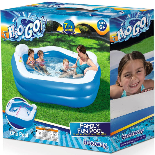 Bestway H2OGO! Family Fun inflatable kiddie pool box showing blue and white pool with adult and children playing in water on grass, 7 feet wide, ages 6+