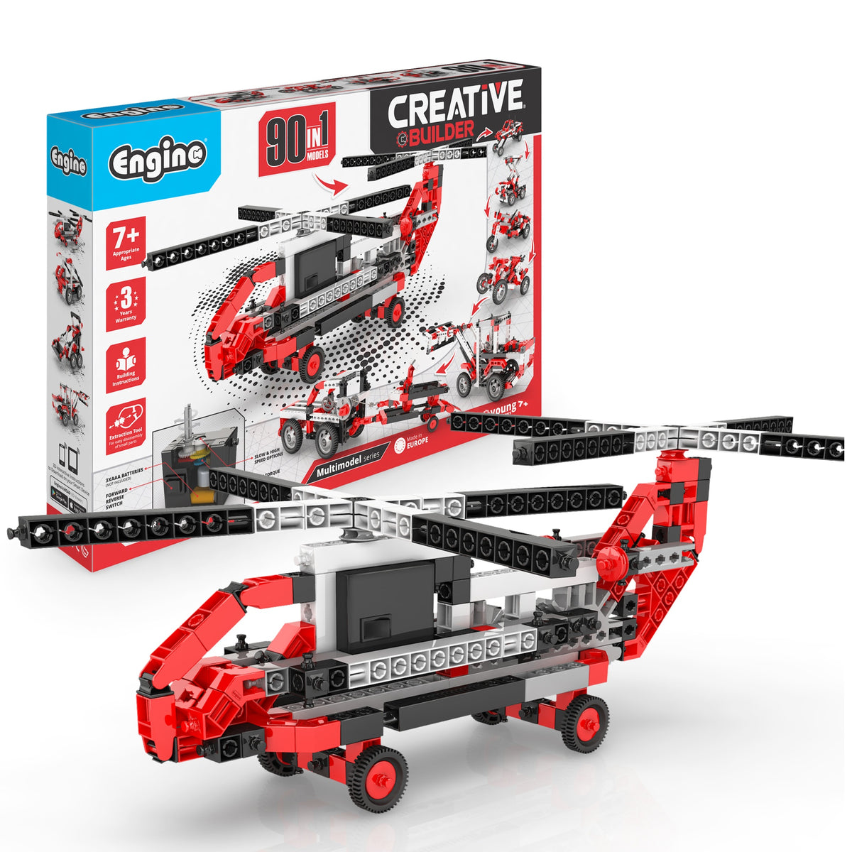 Engino Creative Builder 90-in-1 red motorized construction toy vehicle set with building blocks