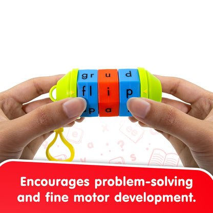 Junior Learning Word Tumbler with colorful blue, orange, and yellow blocks spelling words, held in hands